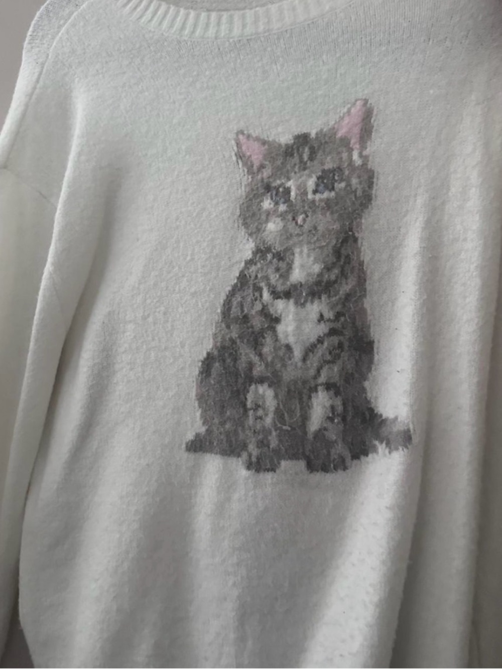 Hollister White Sweater with Grey Tabby Cat and Pink Ear Accents